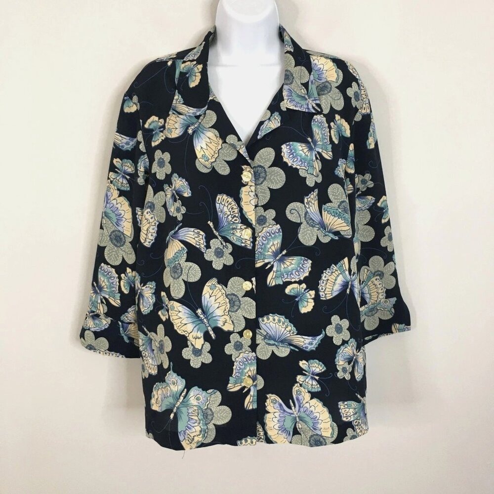 Vintage Butterfly Tunic Top Large Blue Cottage‎ Floral Button 3/4 Sleeve Blouse